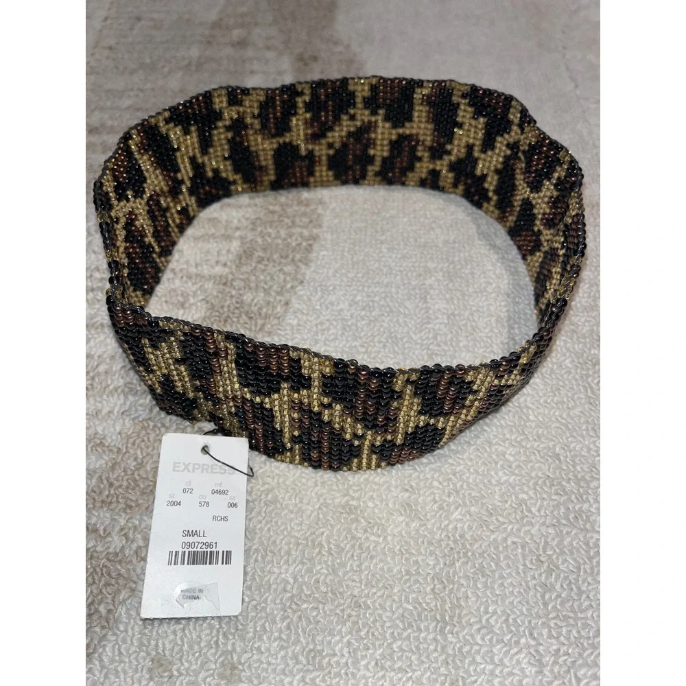 Express Beaded Leopard Print Elastic Waist Belt Gold Brown Black Small NWT Y2K